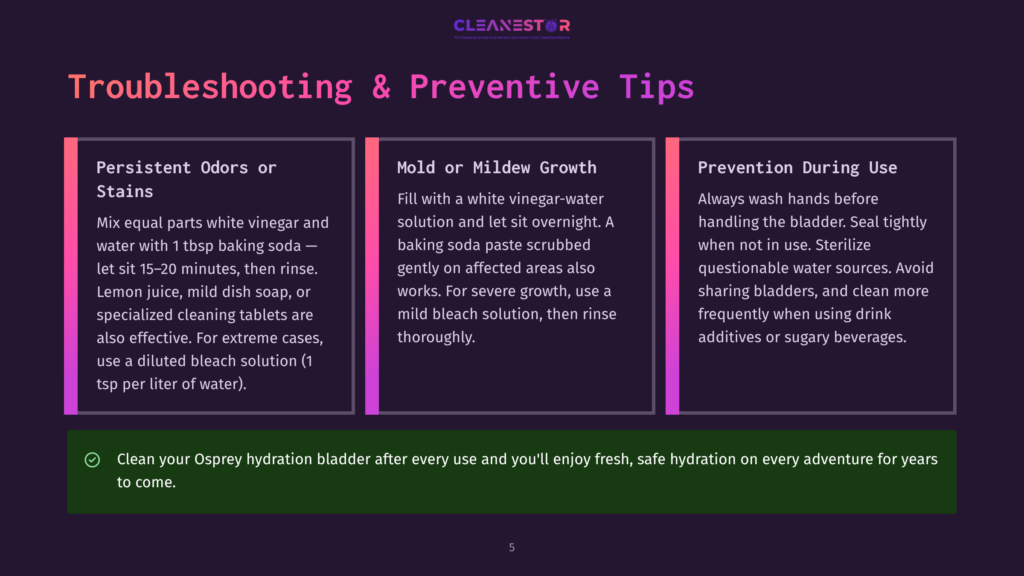 5 Troubleshooting And Preventive Tips Troubleshooting And Preventive Tips For Osprey Hydration Bladders: Persistent Odors And Stains, Mold Or Mildew Growth, And Prevention During Use. Includes Cleaning Instructions.