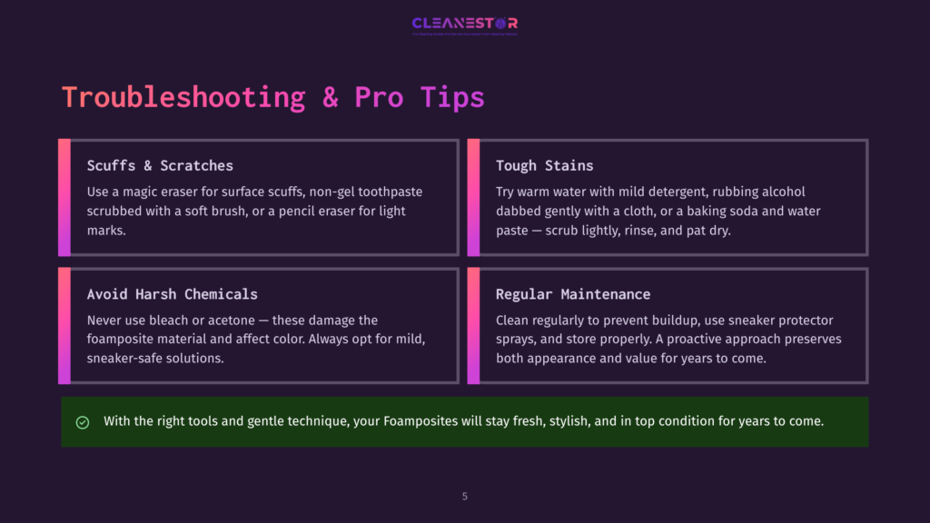 Troubleshooting And Pro Tips For Cleaning Foamposites: Scuffs &Amp; Scratches, Tough Stains, Avoid Harsh Chemicals, And Regular Maintenance. Includes Cleaning Tips And A Checkmark With Text About Gentle Techniques.