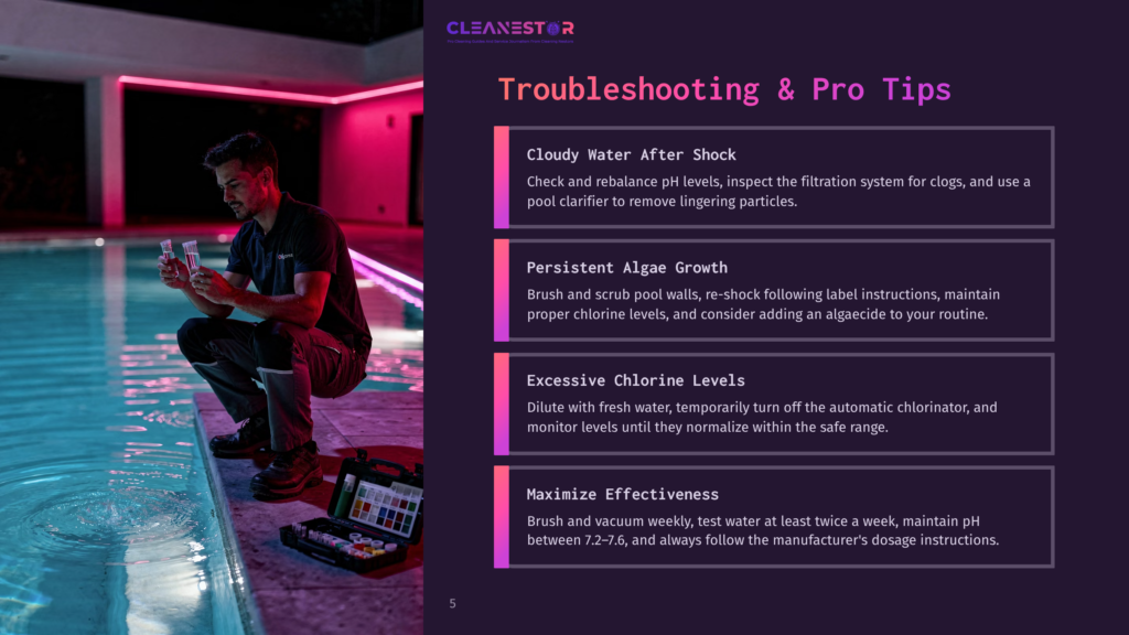 5 Troubleshooting And Pro Tips A Pool Technician In A Black Uniform Holds Up Two Test Tubes Filled With Water, Checking Their Color Against A Chart. He Stands By A Brightly Lit Swimming Pool, With A Troubleshooting Guide Titled &Quot;Troubleshooting &Amp; Pro Tips&Quot; Visible On The Right.