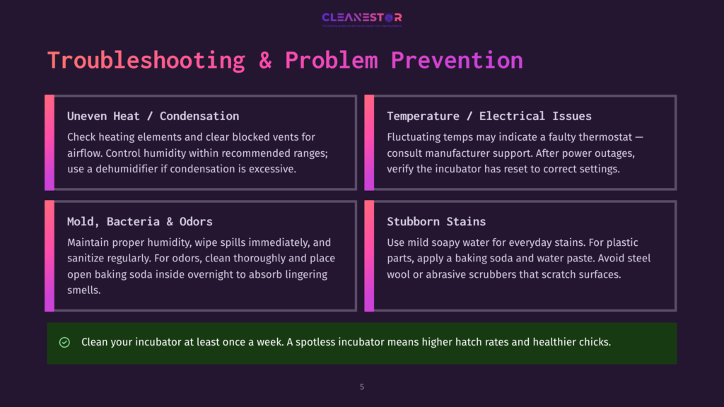 Troubleshooting And Problem Prevention For Incubators, Covering Uneven Heat, Mold, And Temperature Issues. Text Advises Cleaning Incubators Weekly For Healthier Hatch Rates.