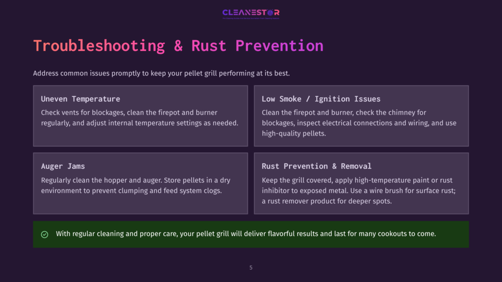 Troubleshooting &Amp; Rust Prevention Tips For Pellet Grills. Sections Cover Uneven Temperature, Low Smoke/Ignition Issues, Auger Jams, And Rust Prevention &Amp; Removal.