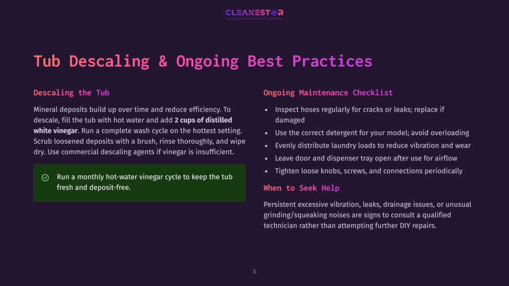 Cleanestor Logo With Text &Quot;Tub Descaling &Amp; Ongoing Best Practices&Quot; And Bulleted Lists For Descaling And Maintenance.