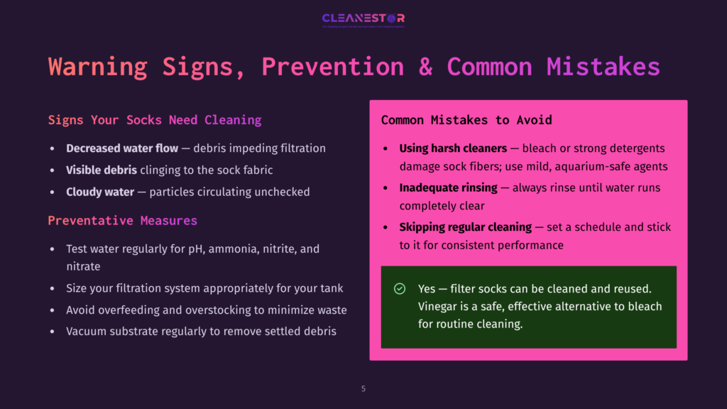 A Pink And Purple Background Features A Diagram Titled &Quot;Warning Signs, Prevention &Amp; Common Mistakes.&Quot; Text Reads &Quot;Signs Your Socks Need Cleaning&Quot; And Lists &Quot;Decreased Water Flow,&Quot; &Quot;Visible Debris,&Quot; And &Quot;Cloudy Water&Quot; As Signs. A Section Titled &Quot;Preventative Measures&Quot; Suggests Testing Water Regularly, Sizing Filtration Systems Properly, Avoiding Overfeeding, And Vacuuming Substrate. Another Section Warns Of &Quot;Common Mistakes To Avoid&Quot; Such As &Quot;Using Harsh Cleaners,&Quot; &Quot;Inadequate Rinsing,&Quot; And &Quot;Skipping Regular Cleaning.&Quot; A Green Checkmark Indicates &Quot;Yes - Filter Socks Can Be Cleaned And Reused.&Quot; The Image Ends With A Note That &Quot;Vinegar Is A Safe, Effective Alternative To Bleach For Routine Cleaning.