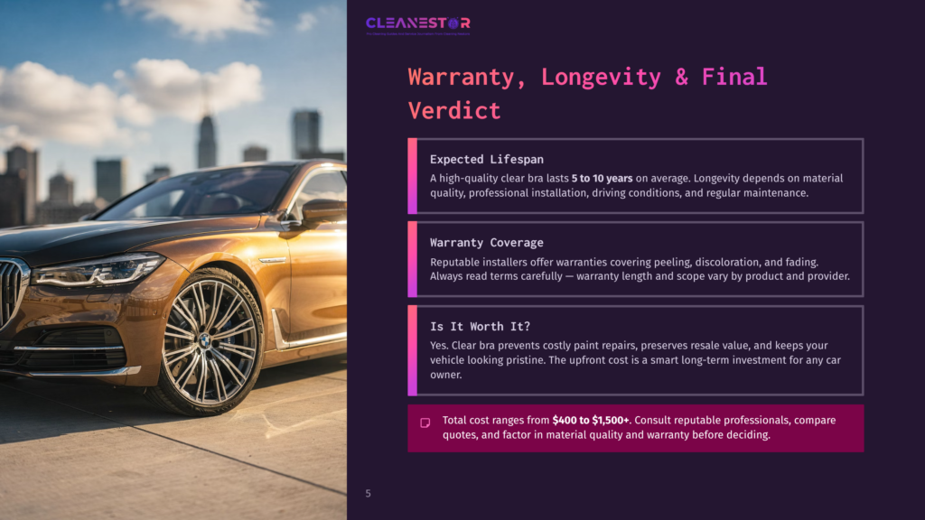 5 Warranty Longevity And Final Verdict Cleanestor Logo On A Dark Background With Text About Car Bra Warranty, Longevity, And Final Verdict. A Golden Luxury Car Is Parked In Front Of A Blurred Cityscape.