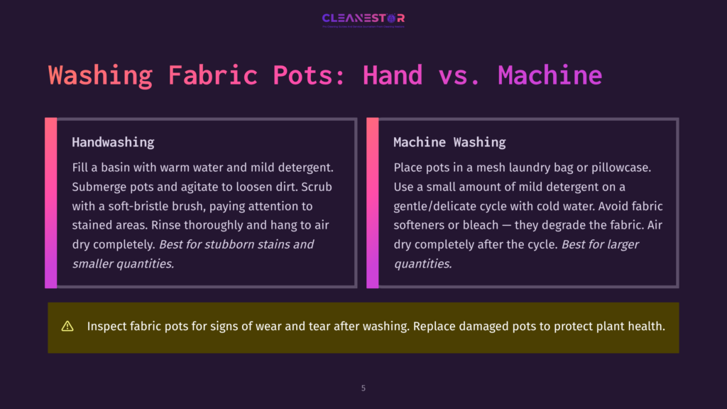 Infographic Comparing Handwashing And Machine Washing Of Fabric Pots, Detailing Steps For Each Method And Highlighting Best Uses For Stubborn Stains And Delicate Cycles.