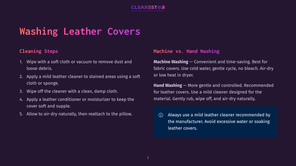Dark Purple Slide With &Quot;Cleanestor&Quot; Logo At Top. Text Details &Quot;Washing Leather Covers&Quot; With Cleaning Steps And &Quot;Machine Vs. Hand Washing&Quot; Comparison.