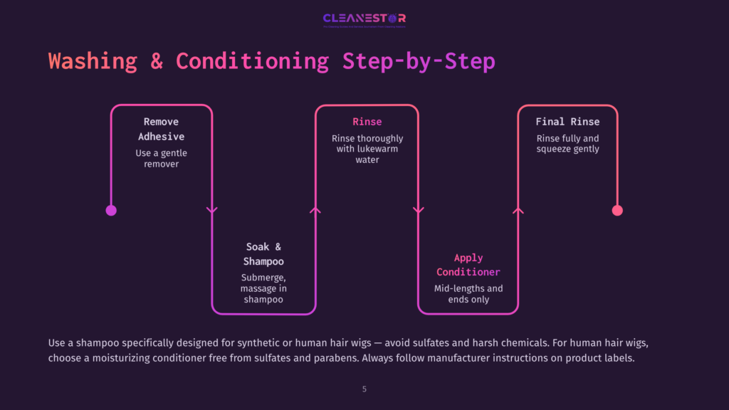 Flowchart Illustrating The Step-By-Step Process For Washing And Conditioning Wigs, With Sections For Remove Adhesive, Rinse, Soak &Amp; Shampoo, And Final Rinse.
