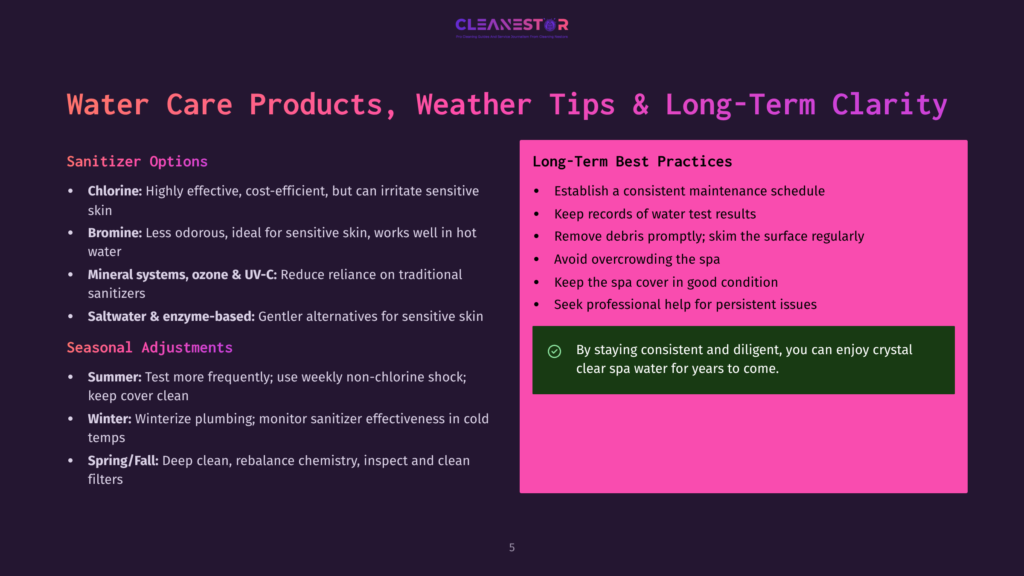 Infographic With A Pink Background Showcasing Water Care Products And Seasonal Adjustments For Pool Maintenance. The Left Section Lists Sanitizer Options Like Chlorine, Bromine, Mineral Systems, And Salt Water. The Right Section Offers Long-Term Best Practices For Pool Maintenance, Such As Establishing A Consistent Schedule, Removing Debris, And Seeking Professional Help For Persistent Issues.