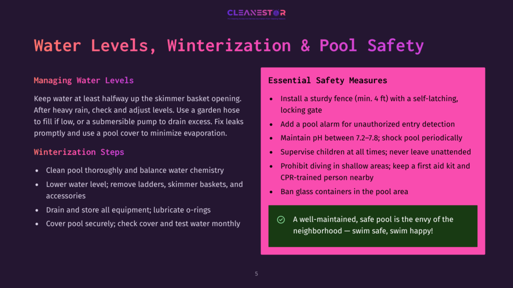 Infographic Detailing Water Levels, Winterization Steps, And Pool Safety Measures, With A Clean And Professional Design.