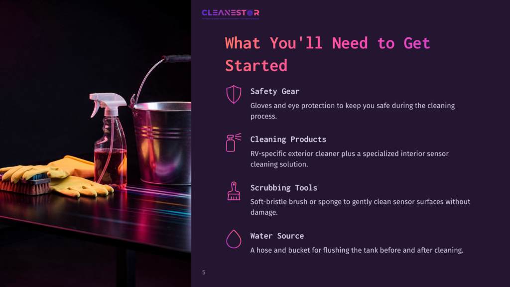 Cleanestor Logo And Text On A Dark Background, With Cleaning Supplies Including A Spray Bottle, Bucket, And Yellow Gloves Arranged On A Reflective Surface.