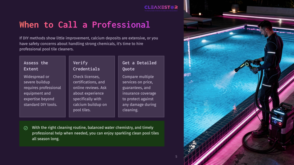 5 When To Call A Professional 1 A Professional Pool Cleaner Stands By A Swimming Pool At Night, Using A Powerful Water Pressure Cleaner. The Pool Is Surrounded By Purple Lights, And Text Overlays Suggest Assessing The Extent Of The Problem, Verifying Credentials, And Getting A Detailed Quote.