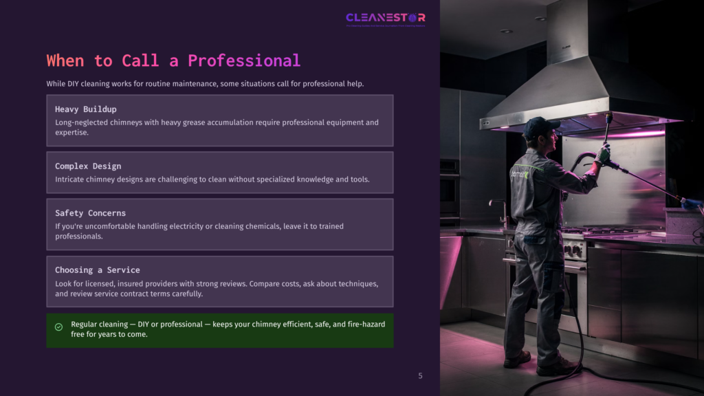 A Professional Chimney Sweep In A Blue Uniform Uses A Spray Wand To Clean A Stainless Steel Range Hood In A Modern Kitchen. The Image Highlights The Importance Of Professional Chimney Cleaning For Heavy Buildup And Complex Designs.