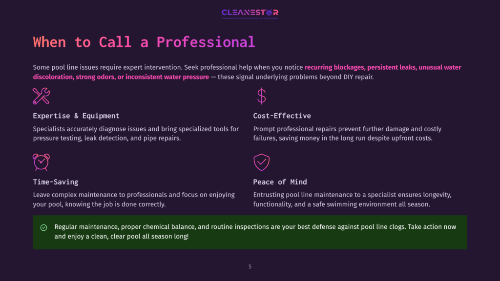 An Infographic Titled &Quot;When To Call A Professional&Quot; Highlights The Importance Of Professional Help For Pool Line Issues, Emphasizing Recurring Blockages, Persistent Leaks, Unusual Water Discoloration, Strong Odors, And Inconsistent Water Pressure. The Image Includes Icons Representing Expertise, Cost-Effectiveness, Time-Saving, And Peace Of Mind, With Text Discussing The Benefits Of Professional Pool Line Maintenance.