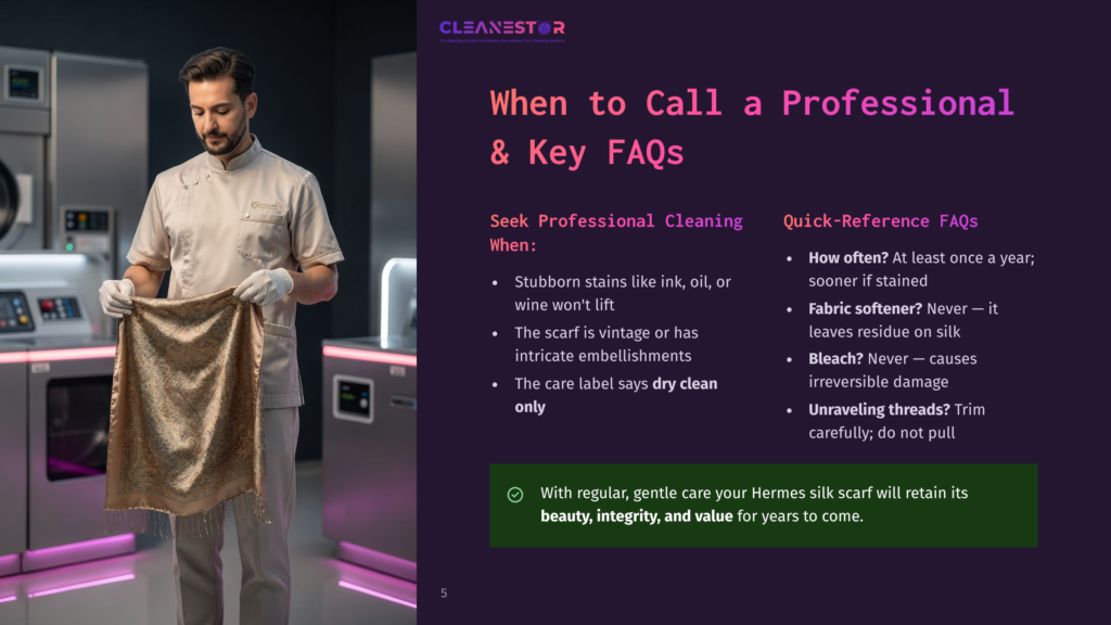 A Professional Cleaner In A Crisp Uniform Holds A Delicate, Patterned Silk Scarf, Ready For Professional Cleaning. Text Overlay Reads &Quot;Cleanestor&Quot; And &Quot;When To Call A Professional &Amp; Key Faqs&Quot;.