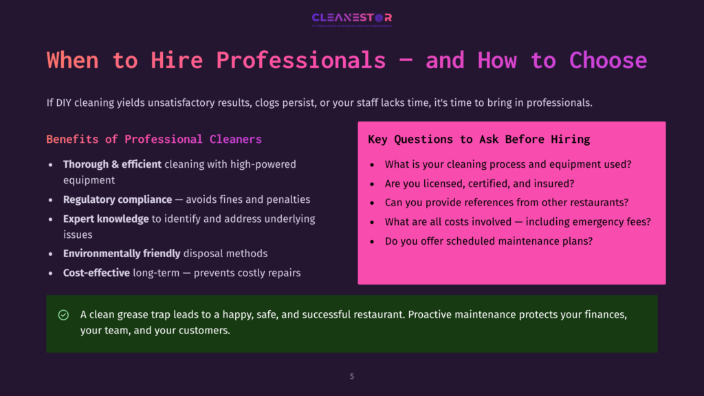 A Dark Background With The Text &Quot;Cleanestor&Quot; At The Top. The Main Text Reads &Quot;When To Hire Professionals - And How To Choose,&Quot; Followed By Bullet Points On The Benefits Of Professional Cleaners And Key Questions To Ask Before Hiring.