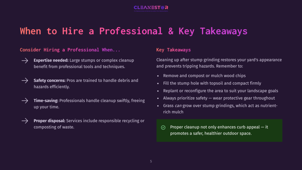 Cleanestor Logo And Text: &Quot;When To Hire A Professional &Amp; Key Takeaways&Quot; With Bullet Points On Professional Cleanup Services And Benefits.