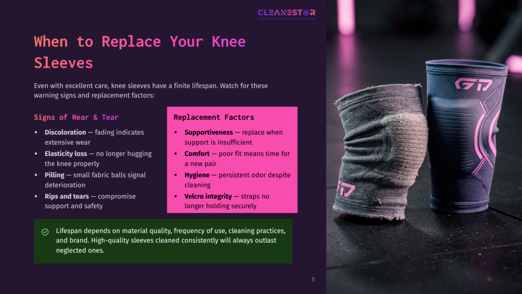 Two Knee Sleeves On A Dark Surface: A Worn, Grey, Elastic Knee Sleeve On The Left And A New, Black And Pink Branded Knee Sleeve On The Right. Text Overlays The Image With &Quot;Cleanestor&Quot; And &Quot;When To Replace Your Knee Sleeves.