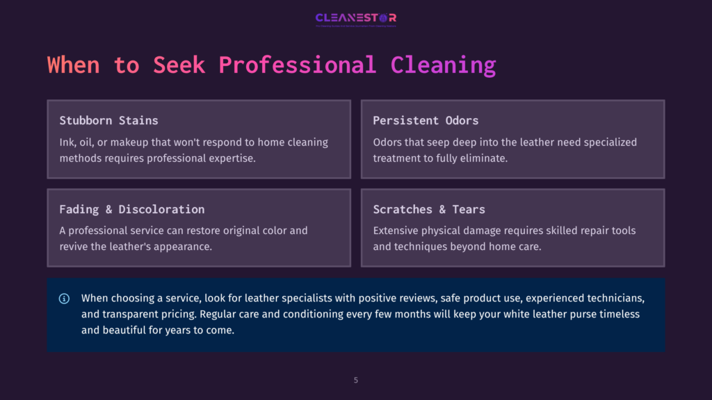 5 When To Seek Professional Cleaning Infographic With Text: &Quot;When To Seek Professional Cleaning&Quot; For Leather Items, Detailing &Quot;Stubborn Stains,&Quot; &Quot;Persistent Odors,&Quot; &Quot;Fading &Amp; Discoloration,&Quot; And &Quot;Scratches &Amp; Tears,&Quot; With A Concluding Tip About Choosing A Service.
