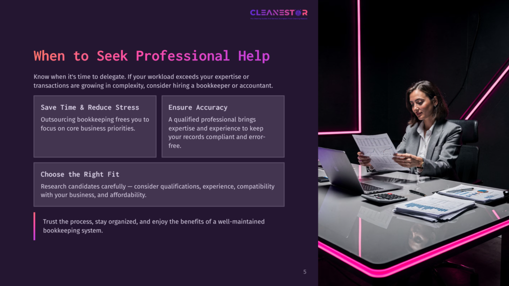 A Professional Woman In A Suit Reviews Financial Documents At A Modern Desk With A Laptop And Glowing Pink Accents. Text Overlay: &Quot;Cleanestor Pro: Ensuring Success And Streamlining Operations For Growing Businesses.