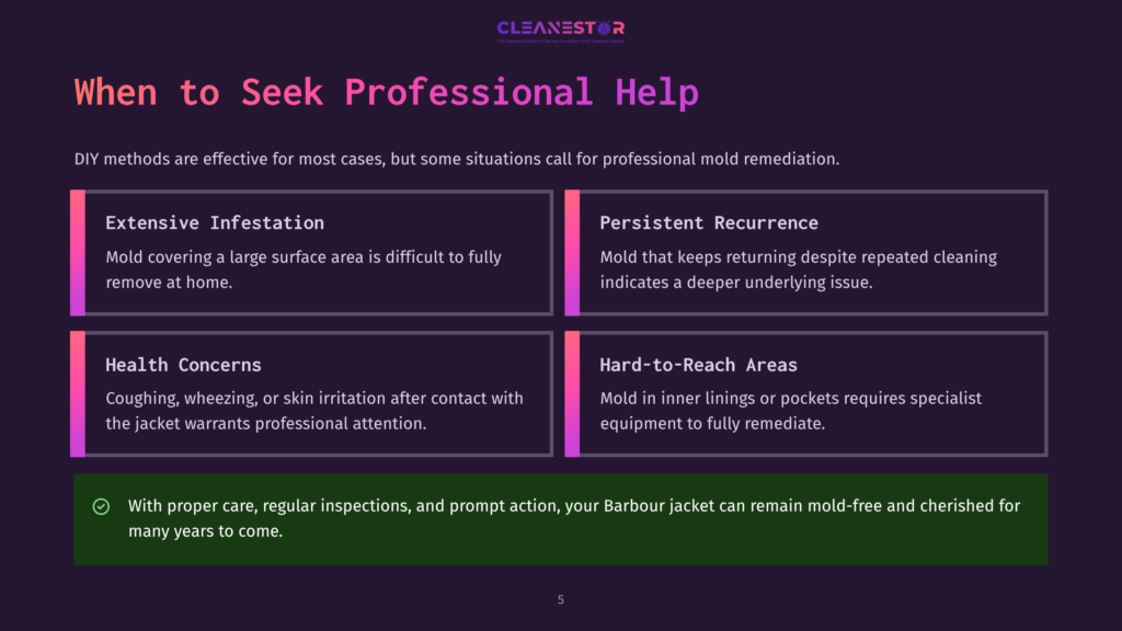 Infographic Titled &Quot;When To Seek Professional Help&Quot; For Mold Remediation, Detailing Extensive Infestation, Persistent Recurrence, Health Concerns, And Hard-To-Reach Areas, With A Concluding Statement About Professional Cleaning For Barbour Jackets.