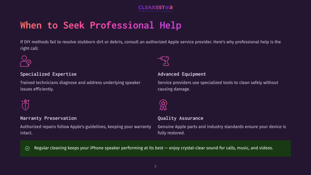 Cleanestor Logo With The Text &Quot;When To Seek Professional Help&Quot;. The Image Displays Four Sections With Icons And Text: &Quot;Specialized Expertise&Quot;, &Quot;Advanced Equipment&Quot;, &Quot;Warranty Preservation&Quot;, And &Quot;Quality Assurance&Quot;, Along With A Green Checkmark And Text About Regular Cleaning.