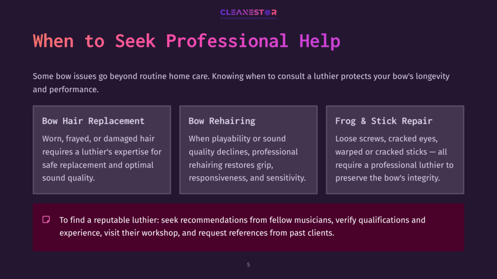 Cleanestor Logo With Text &Quot;When To Seek Professional Help&Quot; And Three Service Cards: &Quot;Bow Hair Replacement&Quot;, &Quot;Bow Rehairing&Quot;, And &Quot;Frog &Amp; Stick Repair&Quot;, With A Note About Finding A Reputable Luthier.