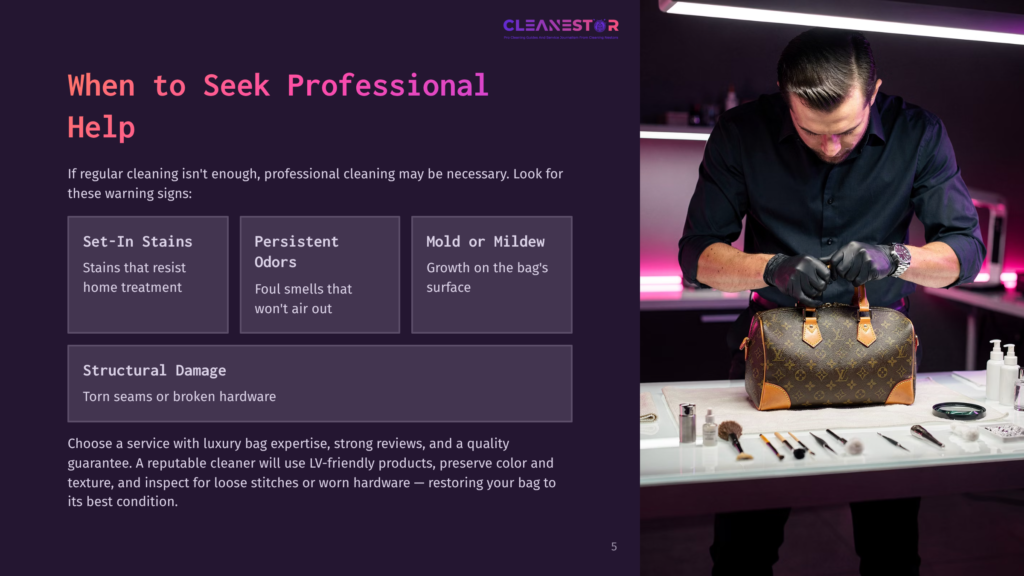 A Man Wearing Black Gloves Carefully Inspects A Brown Louis Vuitton Handbag, Surrounded By Cleaning Tools. The Text &Quot;When To Seek Professional Help&Quot; And &Quot;Cleanestor&Quot; Are Visible.