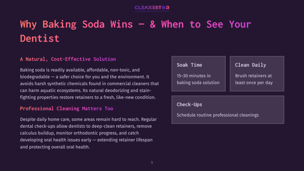 Why Baking Soda Wins &Amp; When To See Your Dentist: Image With Text On A Dark Background Explaining The Benefits Of Baking Soda For Cleaning Retainers And Oral Health.