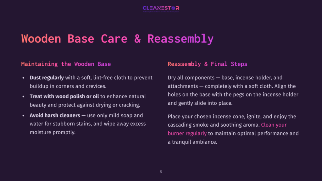 Infographic Detailing Wooden Base Care And Reassembly For A Cleanestor Incense Holder, With Bullet Points On Dusting, Polishing, And Avoiding Harsh Cleaners.