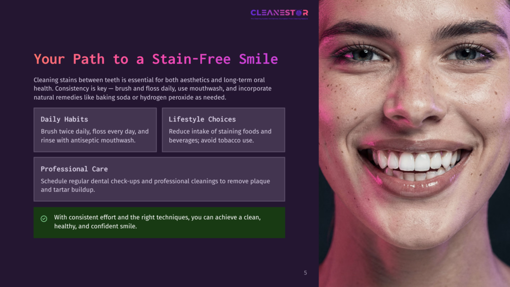 Close-Up Of A Smiling Woman With Clear Skin And Bright White Teeth, Showcasing A Healthy, Stain-Free Smile. Text Overlay Reads &Quot;Your Path To A Stain-Free Smile.