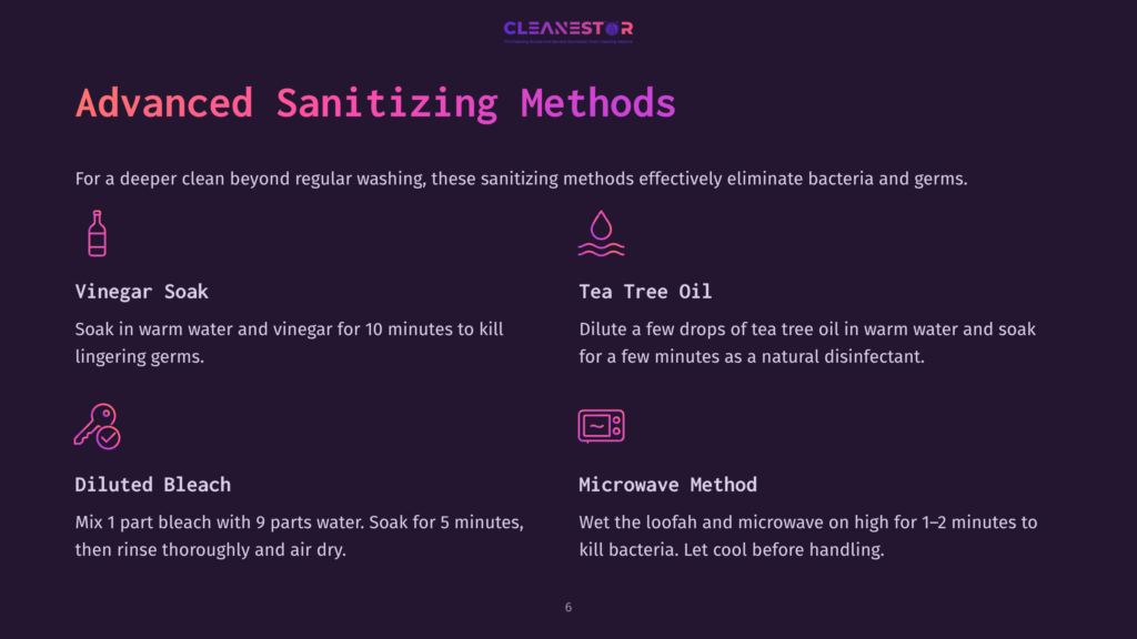 Infographic Detailing Advanced Sanitizing Methods: Vinegar Soak, Tea Tree Oil, Diluted Bleach, And Microwave Method, With Icons For Each.