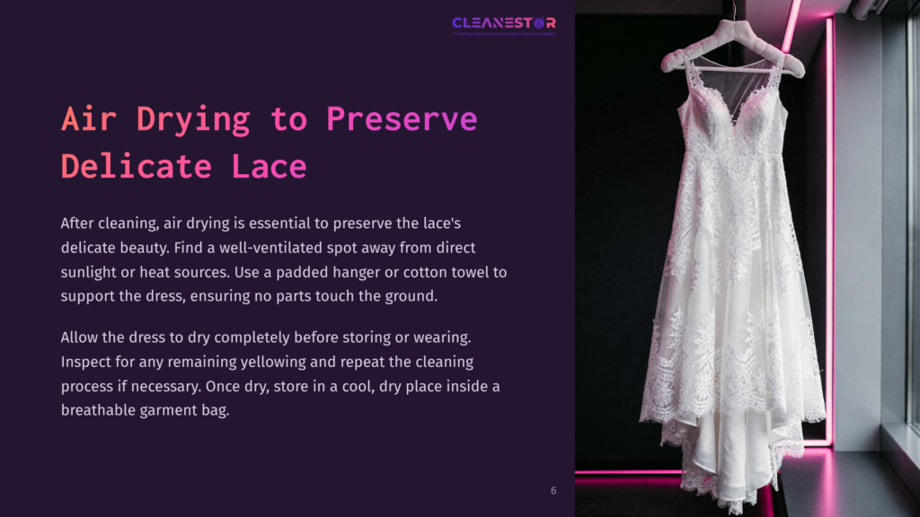 6 Air Drying To Preserve Delicate Lace A White Lace Wedding Dress Hangs From A Padded Hanger, Illuminated By Bright Pink Neon Lights Against A Dark Background. Text On The Left Reads &Quot;Air Drying To Preserve Delicate Lace.