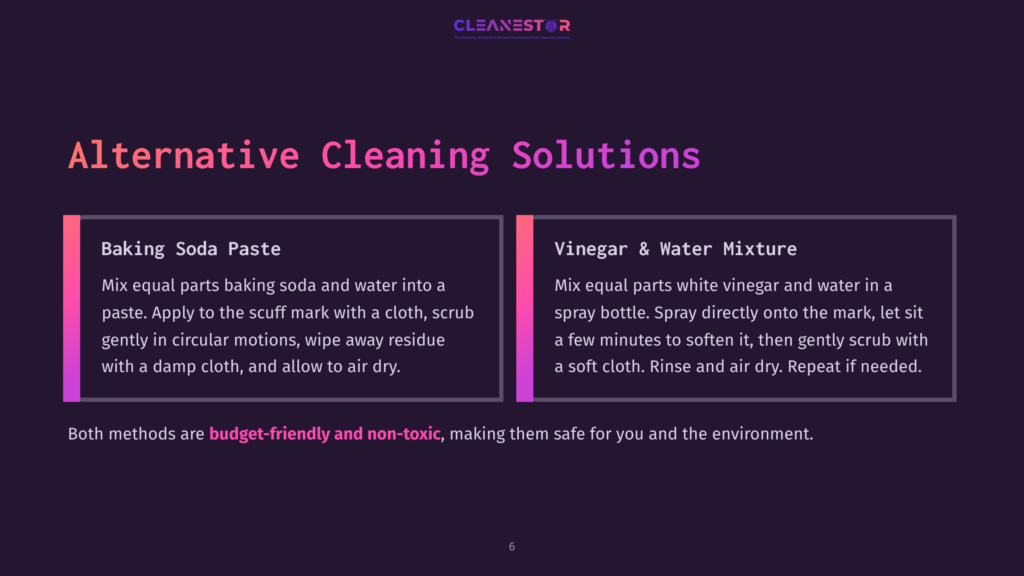 6 Alternative Cleaning Solutions Cleanestor Logo At The Top. Text Reads &Quot;Alternative Cleaning Solutions&Quot; Below. Two Boxes Describe &Quot;Baking Soda Paste&Quot; And &Quot;Vinegar &Amp; Water Mixture&Quot; For Diy Cleaning. The Bottom Text Highlights These Methods As &Quot;Budget-Friendly And Non-Toxic&Quot;.
