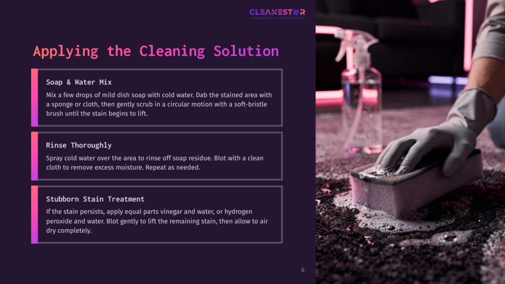Close-Up Of A Gloved Hand Scrubbing A Dark Carpet With A Sponge, Creating Foam. A Spray Bottle Is Visible In The Background. Text Overlay Reads: &Quot;Cleanestar Applying The Cleaning Solution&Quot;.