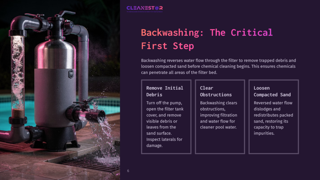 6 Backwashing The Critical First Step A Pool Filter System With Water Backwashing, Illustrating The &Quot;Backwashing: The Critical First Step&Quot; Process For Pool Maintenance.