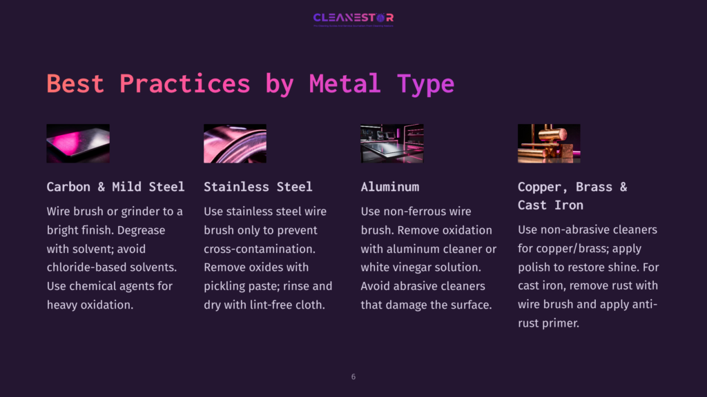Cleanestor Logo Above A Graphic Showcasing Best Practices For Cleaning Carbon &Amp; Mild Steel, Stainless Steel, Aluminum, And Copper, Brass &Amp; Cast Iron.