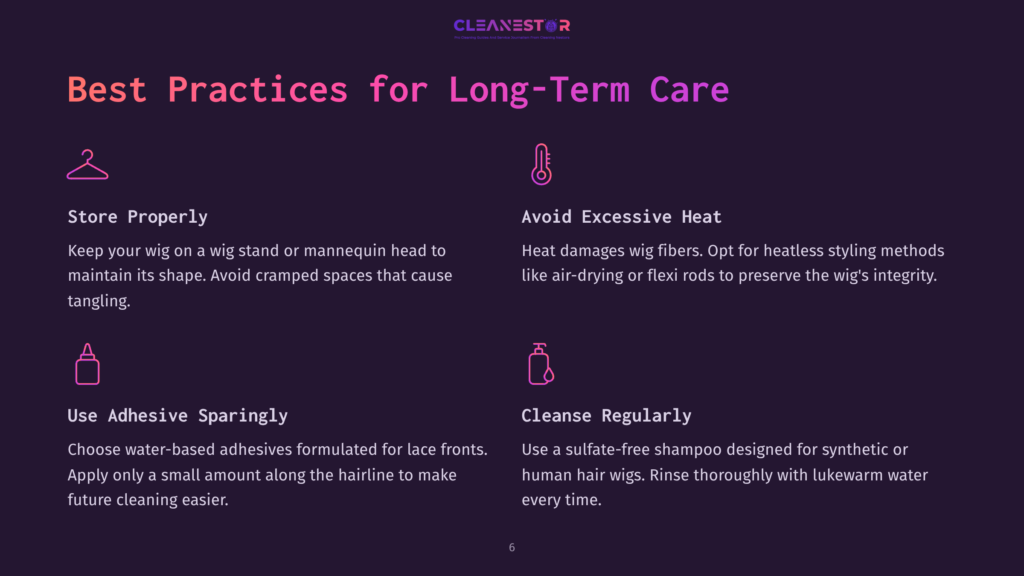 Illustration Of Best Practices For Long-Term Care Of Wigs, Featuring Icons For Storing Wigs Properly, Avoiding Excessive Heat, Using Adhesive Sparingly, And Regular Cleansing.