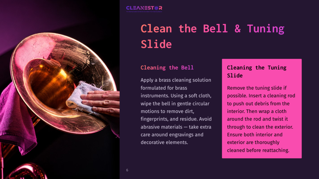 6 Clean The Bell And Tuning Slide Close-Up Of A Hand Cleaning A Brass Bell And Tuning Slide Of A Tuba With A Soft Cloth, With Text &Quot;Clean The Bell &Amp; Tuning Slide&Quot; And Cleaning Instructions.