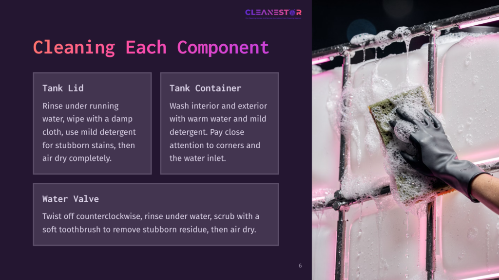 A Gloved Hand Scrubs A White Plastic Tank With A Green Sponge, Creating Foam. The Image Is Part Of A Cleaning Guide Titled &Quot;Cleanestor: Cleaning Each Component,&Quot; Detailing Tank Cleaning.