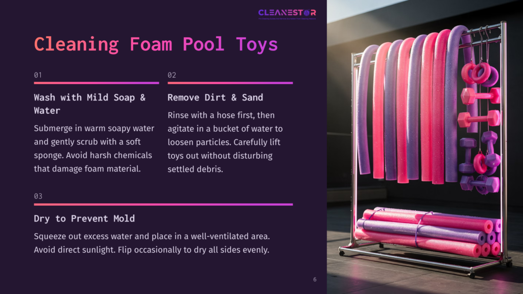 Pool Noodles And Foam Dumbbells In Vibrant Pinks And Purples Hang On A Metal Rack, Glistening With Water Droplets, Suggesting They Are Being Cleaned Or Dried.