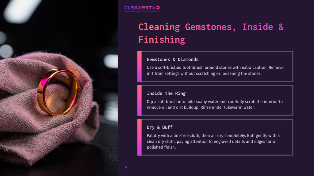 6 Cleaning Gemstones Inside And Finishing Close-Up Of A Gold Ring Resting On A Textured Pink Cloth, With Text Overlay: &Quot;Cleanestor Cleaning Gemstones, Inside &Amp; Finishing&Quot;.
