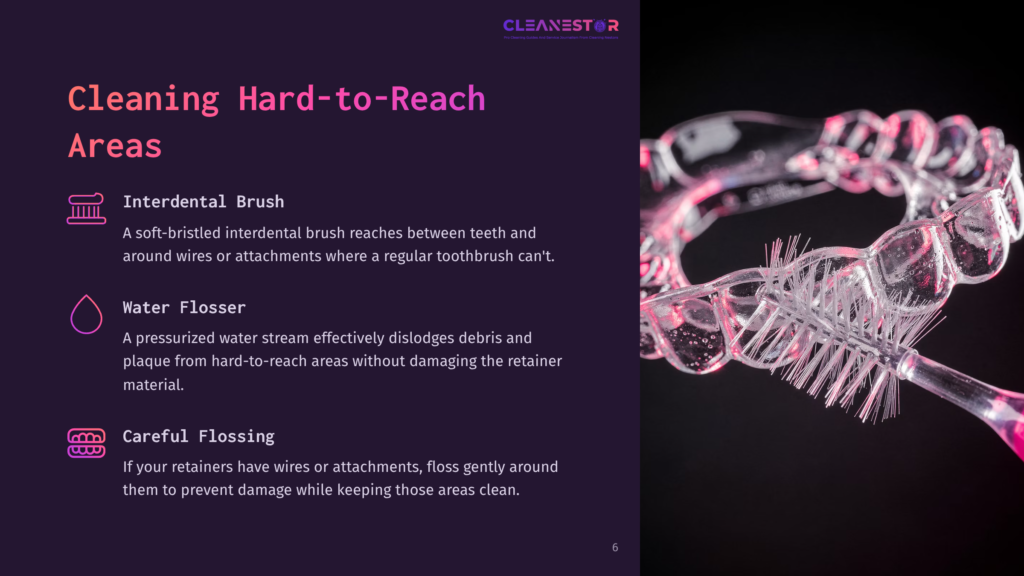 6 Cleaning Hard To Reach Areas 1 Close-Up Of Clear Dental Aligners With A Pink-Handled Interdental Brush, Illustrating Cleaning Hard-To-Reach Areas, Including Interdental Brush And Water Flosser.