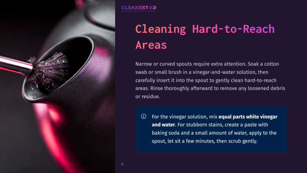 6 Cleaning Hard To Reach Areas Close-Up Of A Cleaning Brush With Bristles Wet With A Pinkish Liquid, Being Inserted Into The Spout Of A Dark Teapot. The Image Is Lit With Dramatic Pink And Purple Lighting.