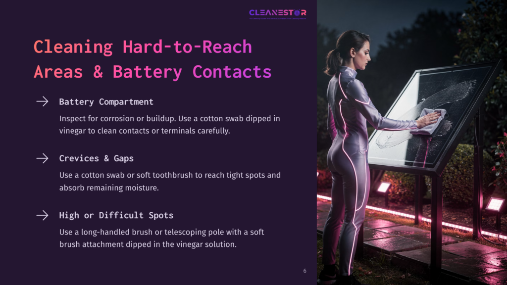 6 Cleaning Hard To Reach Areas And Battery Contacts A Woman In A Futuristic Silver Suit Cleans Solar Panels With A White Cloth, Illuminated By Pink Neon Lights. Text On The Left Reads &Quot;Cleaning Hard-To-Reach Areas &Amp; Battery Contacts.