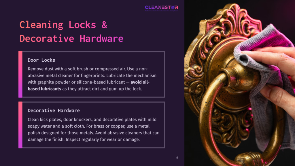 6 Cleaning Locks And Decorative Hardware Close-Up Of A Hand Cleaning A Decorative Brass Door Knocker With A Pink Microfiber Cloth. The Text &Quot;Cleanestor&Quot; Is Visible In The Top Right Corner.