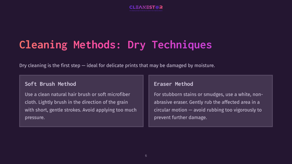 Slide Titled &Quot;Cleaning Methods: Dry Techniques&Quot; From Cleanestor, Detailing Soft Brush Method And Eraser Method For Delicate Prints.