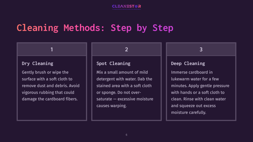 Three Cleaning Methods For Cardboard: Dry Cleaning, Spot Cleaning, And Deep Cleaning, With Descriptions Of Each Method.