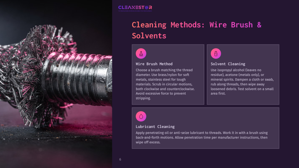 6 Cleaning Methods Wire Brush And Solvents Close-Up Of A Metal Wire Brush Cleaning A Threaded Bolt. The Image Highlights Cleaning Methods For Threaded Fasteners, With Text Detailing Wire Brush, Solvent, And Lubricant Cleaning.