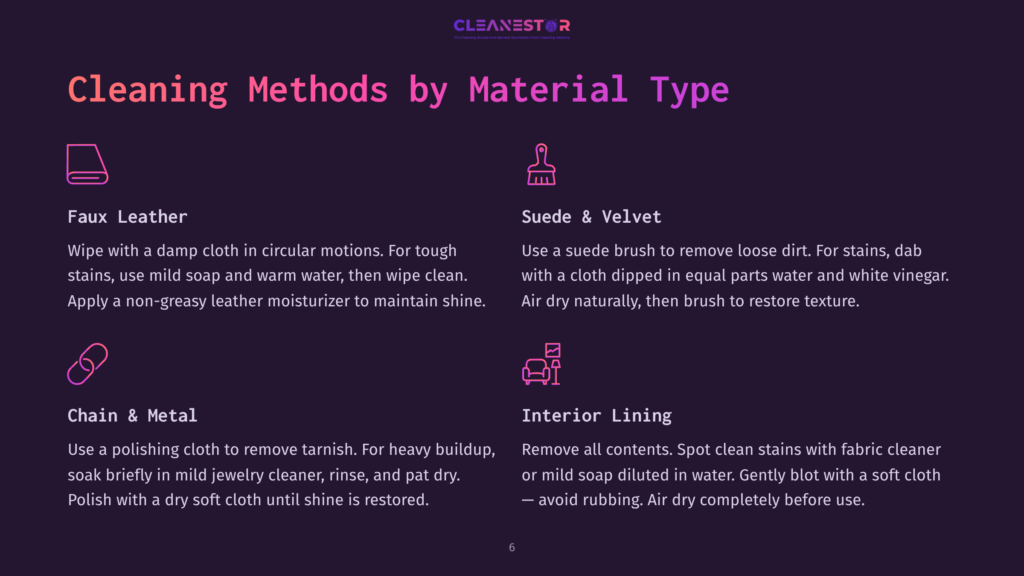 6 Cleaning Methods By Material Type Cleaning Methods By Material Type: Faux Leather, Suede &Amp; Velvet, Chain &Amp; Metal, Interior Lining. Includes Icons And Cleaning Instructions.
