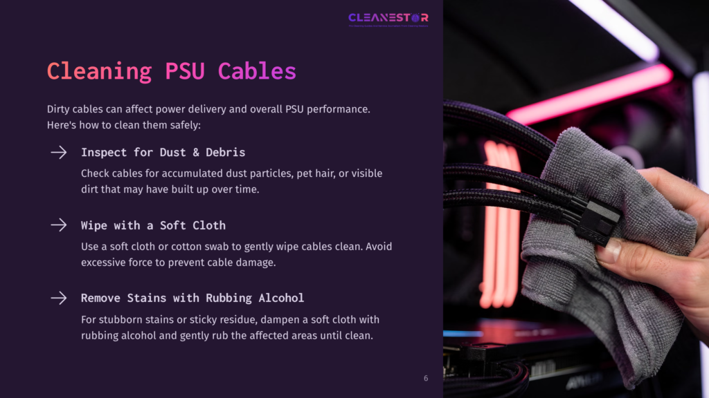 Close-Up Of A Hand Holding A Grey Microfiber Cloth, Gently Wiping Dust And Grime Off Black Psu Cables In A Computer Build. The Background Features Glowing Pink Led Lighting.